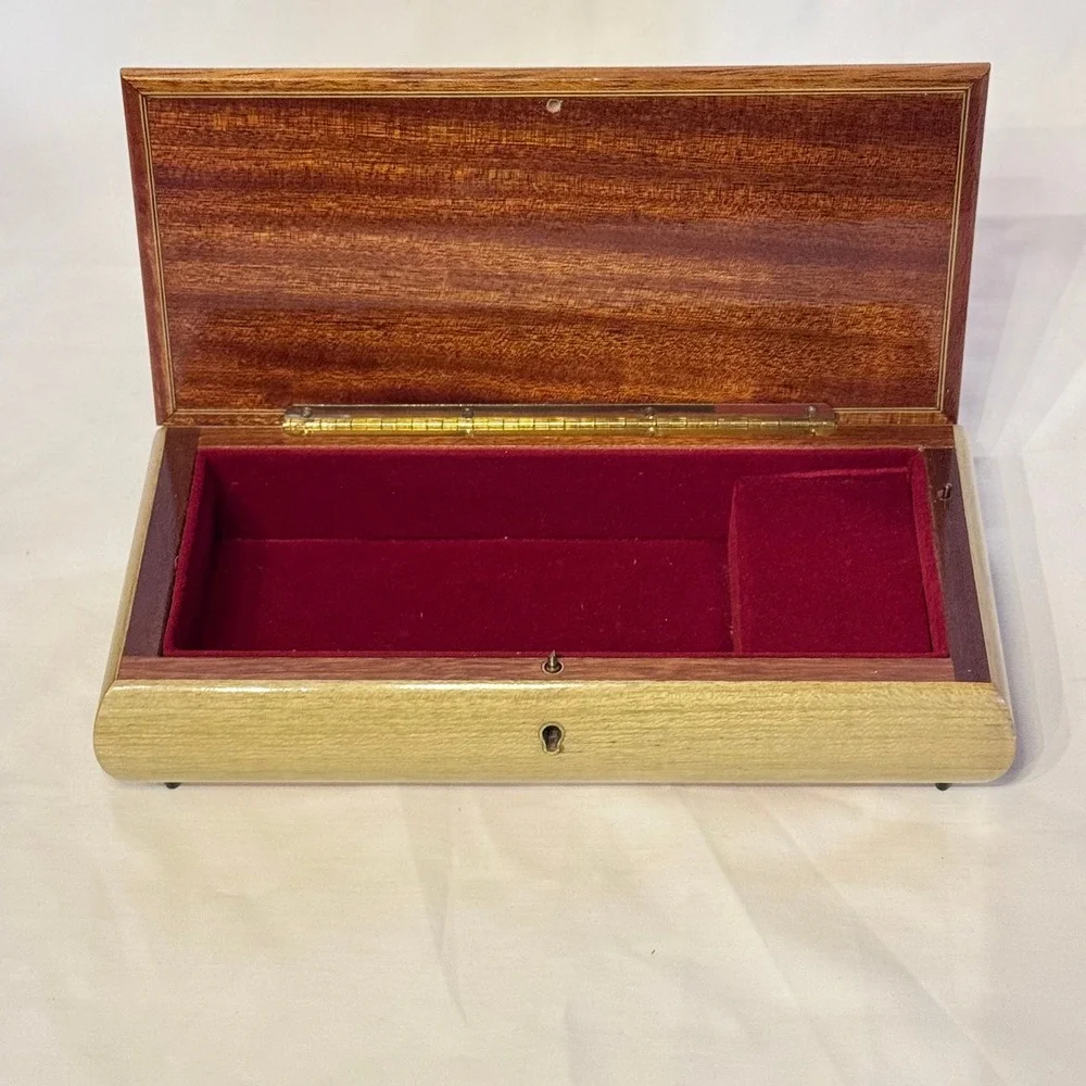 Vintage Italian Inlaid Wood Music Box Jewelry Case Floral CottagecoreMCM